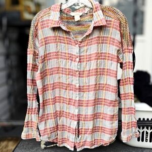 Sundance Plaid button up Crochet cut out Top|| womens med